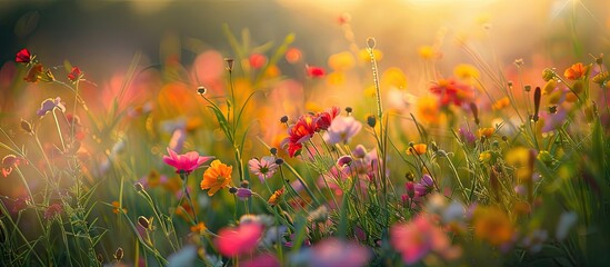 Selective and soft focus on grass flowers and wild plants swaying in the breeze and illuminated by a golden sunset Spring and summer season natural backdrop with copy space