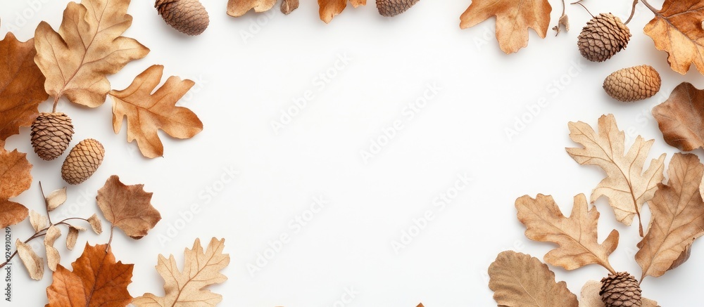 Poster round frame wreath crafted from dried oak leaves and acorns on a white background with empty copy sp