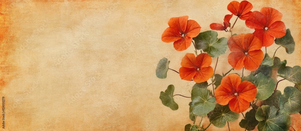 Aufkleber square fashionable aged textured paper background featuring tropaeolum majus the garden nasturtium. 