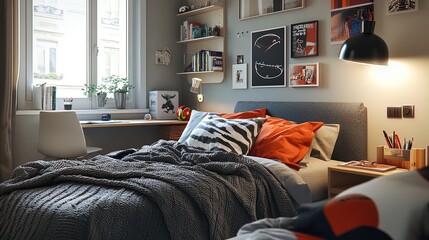 Elevate Your Space: Vibrant Room Design with Charming Bed Setup, Unique Lamp, and Sports Accessories - Perfect Poster for Sports-Themed Interiors!