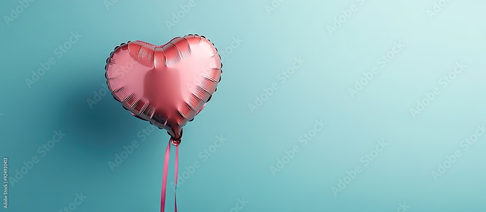 Poster Heart shaped balloon with ribbon on a colored background Celebration of Valentine s Day. with copy space image. Place for adding text or design