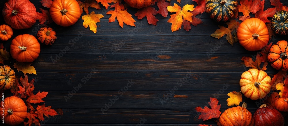 Leinwandbilder thanksgiving and halloween pumpkins leaves and acorn squash arranged on a dark wood table background