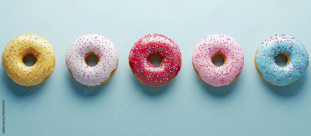 Poster colorful doughnuts topped with glaze and sprinkles are arranged in a row viewed from above copy spac