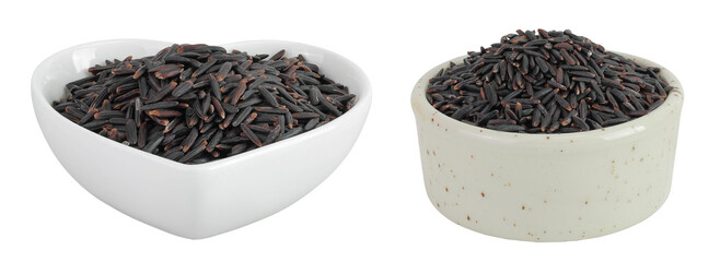 Black rice in a ceramic bowl isolated on white background with full depth of field