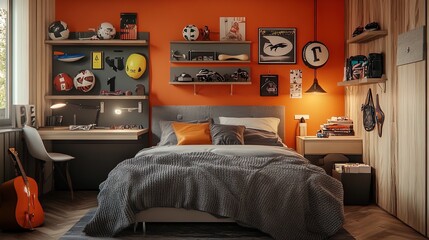 Elevate Your Space: Vibrant Room Design with Charming Bed Setup, Unique Lamp, and Sports Accessories - Perfect Poster for Sports-Themed Interiors!