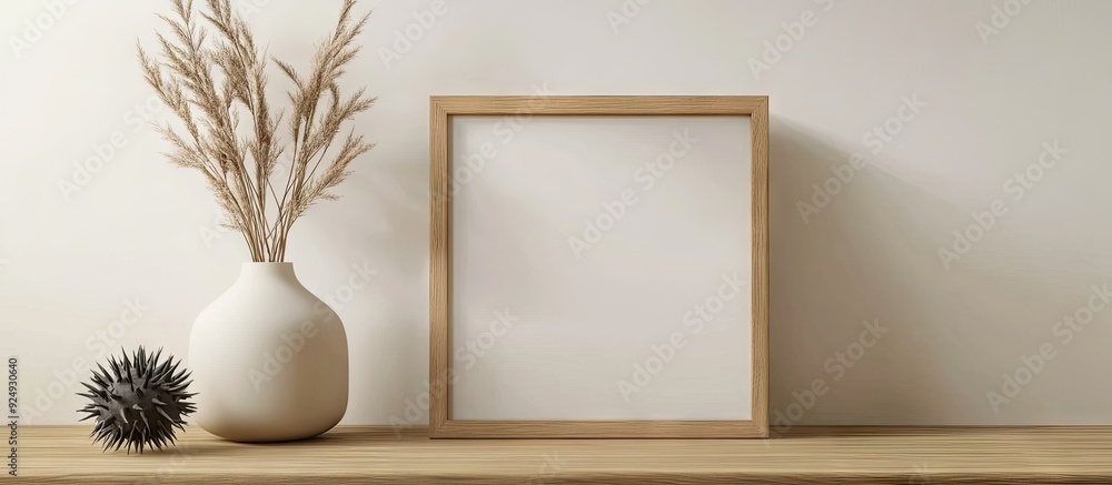 Leinwandbilder An empty photo frame and a vase with dry decorative spikes placed on a wooden table Design mockup. with copy space image. Place for adding text or design