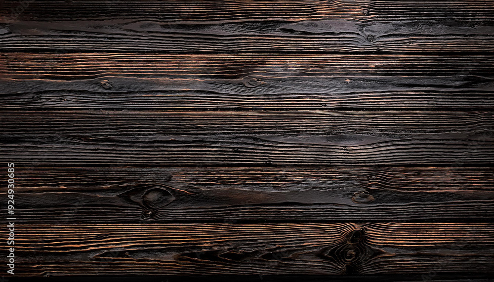 Aufkleber close-up of charred black wooden planks with distinctive grain patterns and deep texture, burnt timb