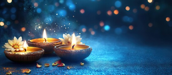 Fototapeta premium Happy Diwali Lighting diya oil lamps and flowers against a blue backdrop This is a traditional Indian festival of lights Celebrating a religious holiday. with copy space image