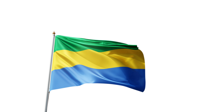 Flag of republic of Gabon  on a transparent background, png, flag on a flag pole waving in the wind, african country, national symbol of  Gabon, picture of a flag