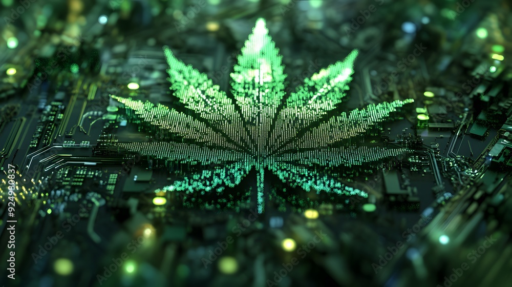 Wall mural marijuana leaves on a pixel technology background, close up top view on cannabis leaves and branches