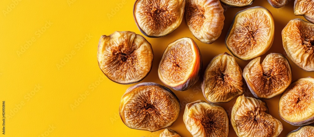 Fototapete Dried figs on a colored background viewed from above with space for text Nutritious fruit. with copy space image. Place for adding text or design