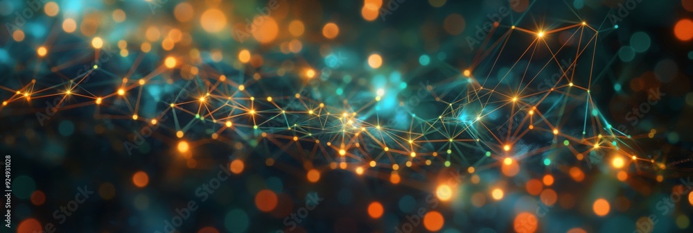 Poster a magnificent digital artwork representing an abstract network with interconnected, glowing nodes on
