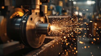 Close-up of a metal grinding process in an industrial workshop, with bright sparks flying off the machine.