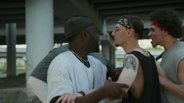 Angry criminal gangs having conflict, fighting aggressively and threatening each other with gun and baseball bat in city street