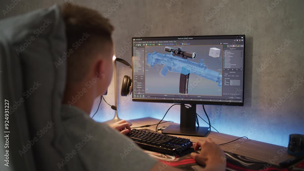Poster caucasian teenager creates 3d model and animation of sniper rifle using computer. interface of profe