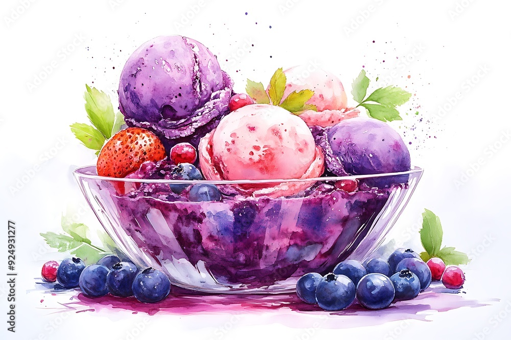 Poster Watercolor Illustration of Ice Cream with Berries in a Glass Bowl.