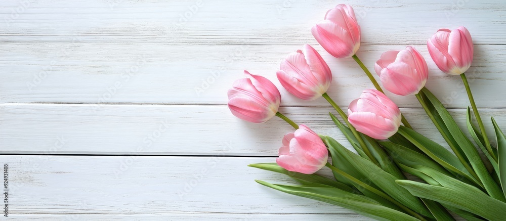 Aufkleber pink tulips against a white wooden background. with copy space image. place for adding text or desig