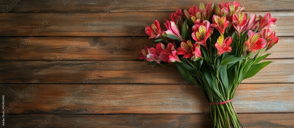 Leinwandbilder alstroemeria bouquet on a wooden surface. with copy space image. place for adding text or design