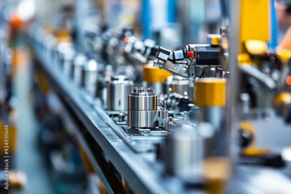 Poster close-up of a modern automated production line in a high-tech manufacturing factory, showcasing prec