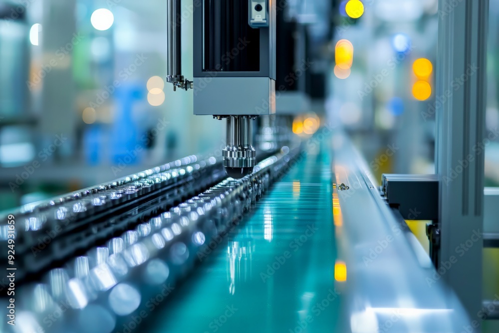 Poster close-up of a modern automated robotic assembly line in a factory, showcasing advanced manufacturing