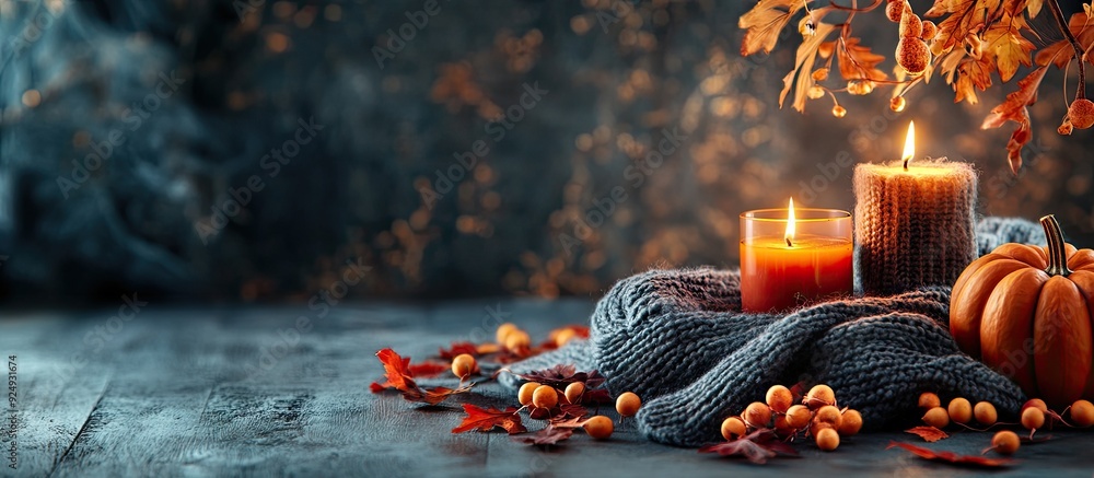 Poster Autumn arrangement A frame created from a knitted plaid or scarf along with a candle fallen leaves and pumpkins on a grey background Autumn fall banner sale story concept Side view copyspace