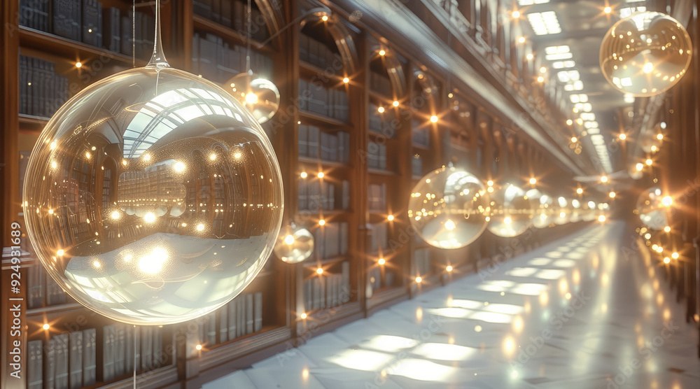 Poster A surreal library where knowledge is stored in floating orbs of light, each one representing a different book. Generative AI.