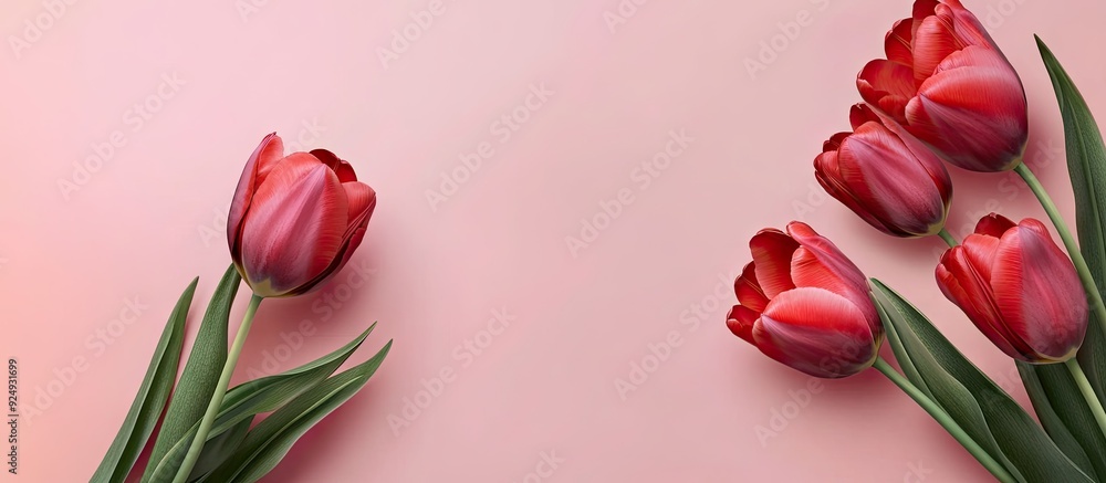 Aufkleber Lovely red tulips rest on a soft pink background. with copy space image. Place for adding text or design