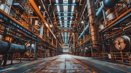 Obraz premium Low angle close up shot of complex pipeline networks of an oil refinery, taken soft morning light