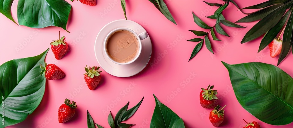 Aufkleber blank space for text coffee and palm leaves strawberry gift on a pink background top view flat lay c
