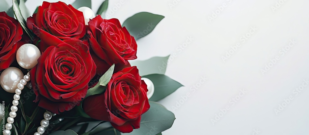 Aufkleber wedding bouquet featuring red roses and pearls set against a white background. with copy space image