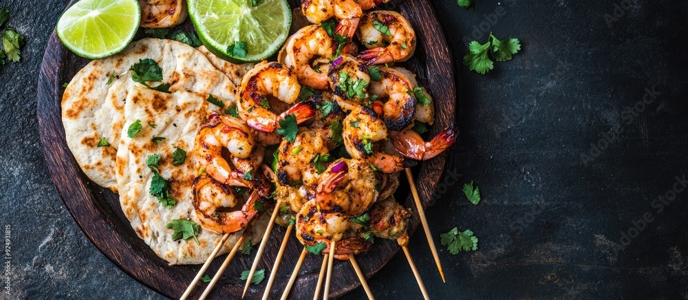 Aufkleber Shrimp skewers served with flatbread and lime. with copy space image. Place for adding text or design
