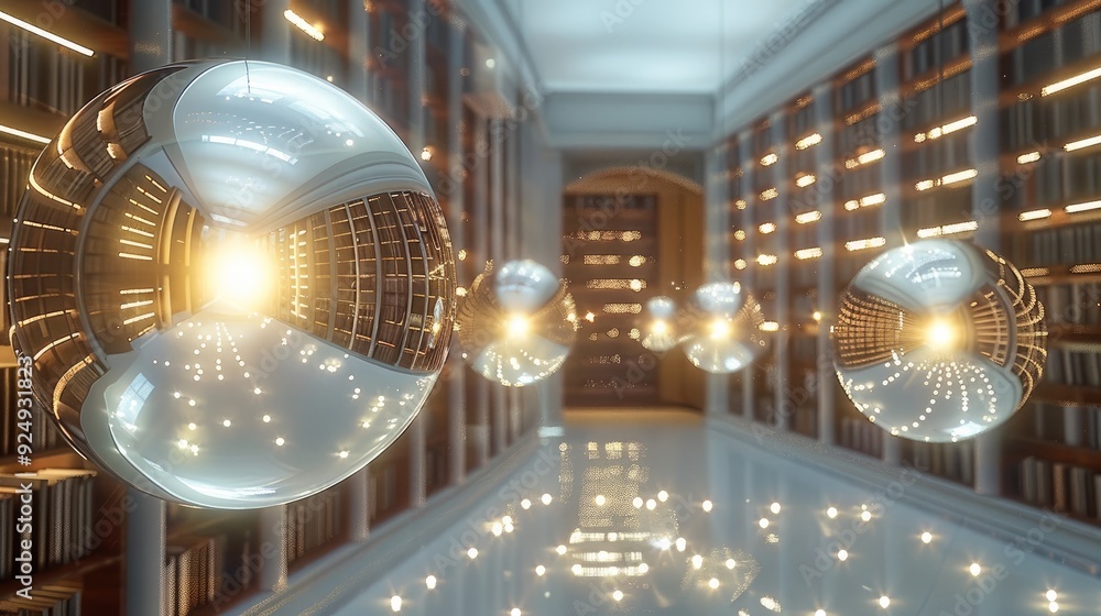 Poster A surreal library where knowledge is stored in floating orbs of light, each one representing a different book. Generative AI.