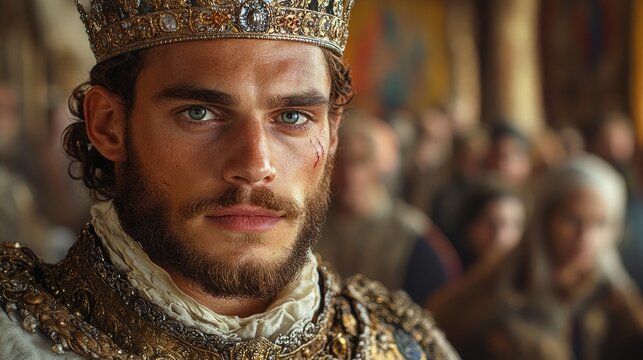 Young king adorned with crown in grand medieval hall