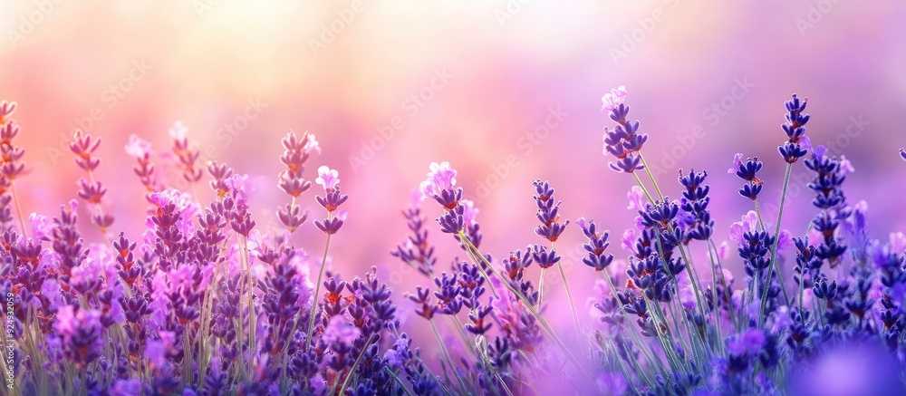 Poster bunches of lavender flowers in a dense bouquet placed on green grass with selective focus space for 