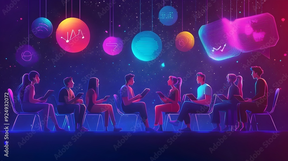 Poster futuristic digital event with glowing orb lights and collaborative presentation