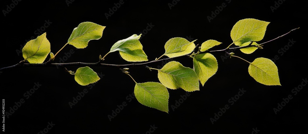 Poster birch leaves on a branch against a dark black background with copy space