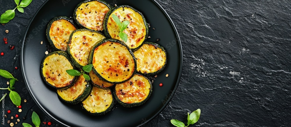 Poster fried zucchini on a plate against a black stone backdrop top view flat lay. with copy space image. p