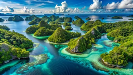 Vibrant mangrove forests stretch towards the horizon, resembling giant mushrooms, above the turquoise waters of Raja Ampat, Papua, Indonesia, in a stunning aerial landscape.