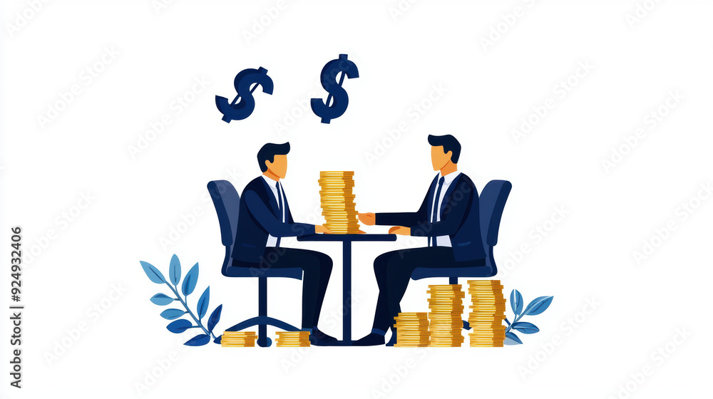 Poster two men sitting at a table with stacks of money in front of them