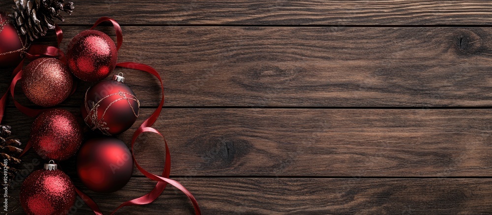 Poster Christmas ornaments baubles and ribbon on a wooden surface. with copy space image. Place for adding text or design