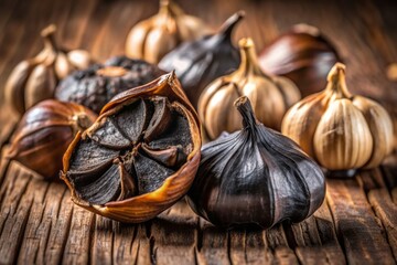 Dark, caramel-like black garlic cloves with sticky texture, arranged on a rustic wooden table, highlighting its fermented transformation and potential health benefits.