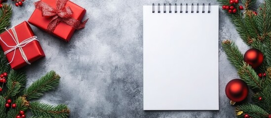 White blank notepad for a wish list alongside Christmas red decorations on a gray background. with copy space image. Place for adding text or design