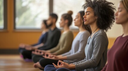 A peaceful adult education class where participants are practicing mindfulness and meditation techniques, guided by an instructor, promoting mental wellness, focus, and personal growth as part of