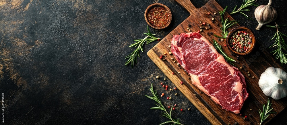 Leinwandbilder raw ribeye steak spices rosemary and garlic on a wooden cutting board top view. with copy space imag