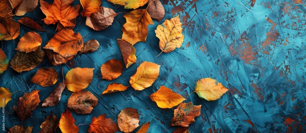 Poster Autumn leaves border the left side of a blue structured background from a top view Fall Border features yellow and orange leaves creating a vintage background table with copy space Ideal for your des
