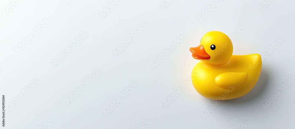 Poster Yellow rubber duck set against a white background Minimalist style with a white backdrop Top view Fashionable colorful image Flat lay Copy space Minimal creative idea