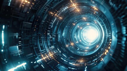 Obraz premium Futuristic tunnel with glowing lights and intricate circuitry, creating a sense of depth and advanced technology.