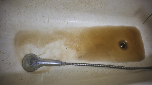 Rusty water pours from the bathroom rain gauge.