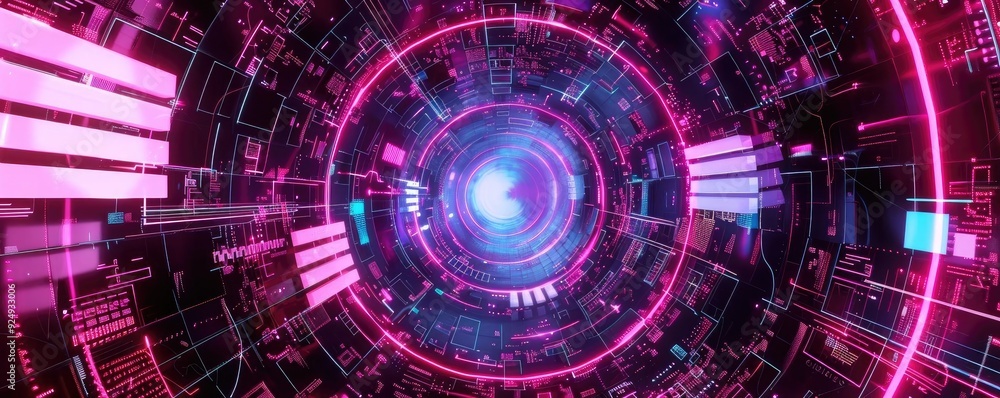 Poster a vibrant abstract digital tunnel with glowing pink lines and futuristic technology elements, creati