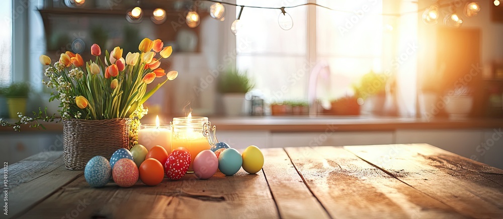 Aufkleber Easter decor featuring candles and vibrant eggs in the kitchen setting Easter backdrop. with copy space image. Place for adding text or design